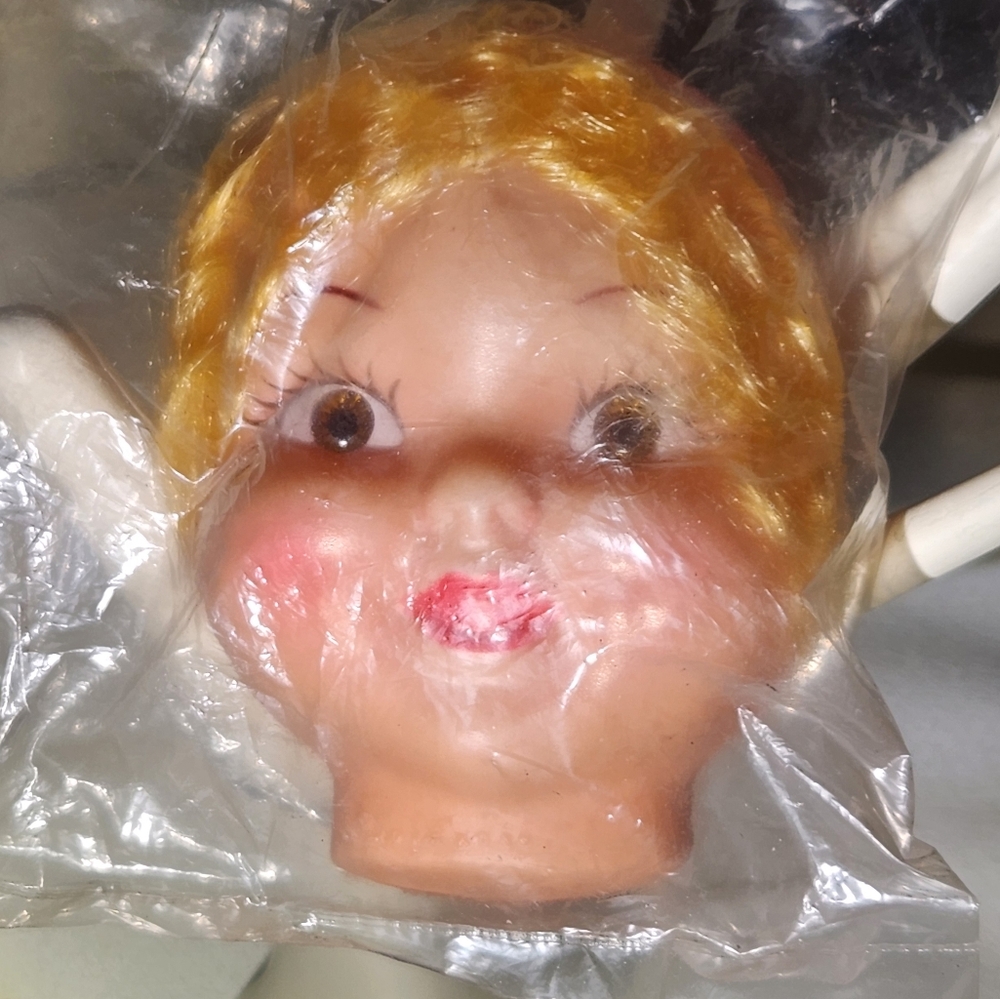 Vtg Blonde Curly Hair Doll Face In Sealed Package Hong Kong Flat Back Doll Face